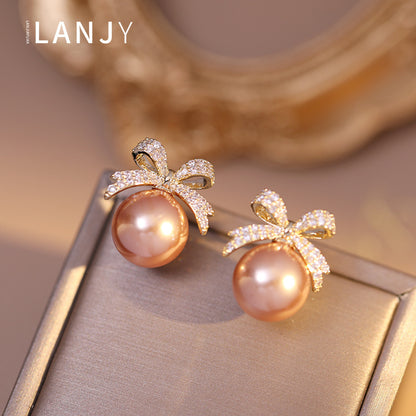 Bow Sparkling Diamond Pearl Stud Earrings