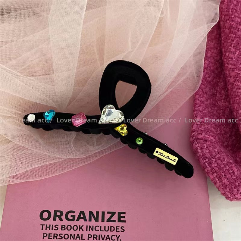 Korean New Colorful Heart Rhinestone Black Velvet Hair Clip