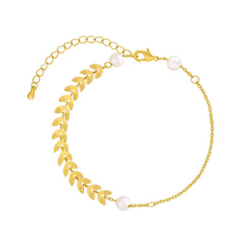 Pearl Wheat Leaf Bracelet, Unique Design, Adjustable - Wholesale