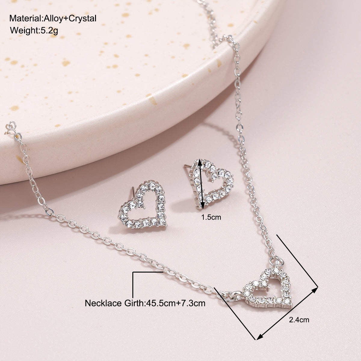 Full diamond heart necklace and earrings two-piece set