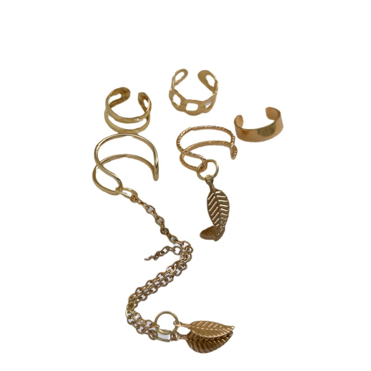 Golden Leaf Tassel Chain Earrings 5-Piece Set