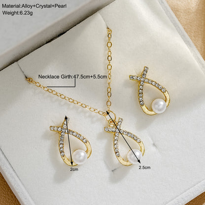 Rhinestone Pearl Earrings Necklace Jewelry Set