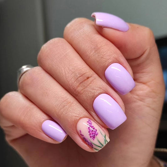 Summer Lavender Purple Floral Fake Nails