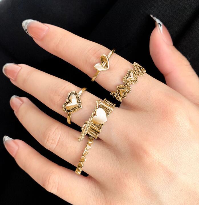 Retro Geometric Open Heart Ring 5-Piece Set