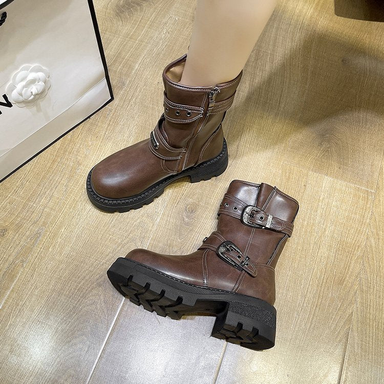 New side zipper metal buckle boots