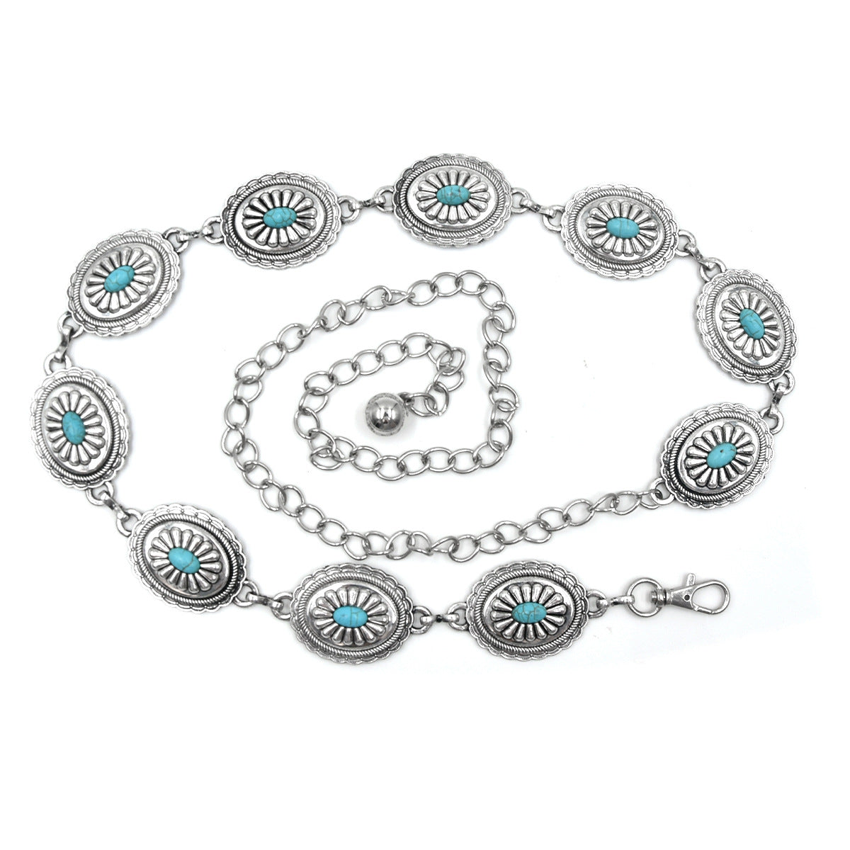 Turquoise ancient silver metal waist chain