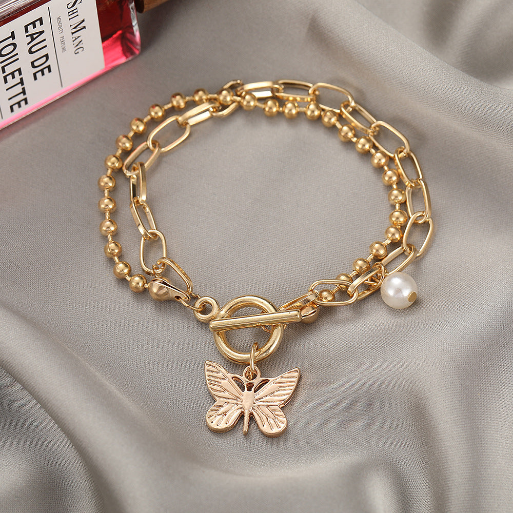 Butterfly Pendant Double Bead Chain Bracelet