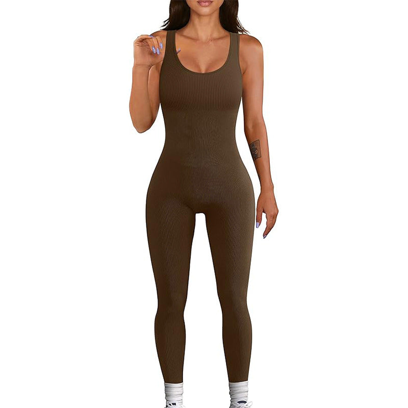 One-piece fitness suit with open back, hip lift and thin fitness trousers