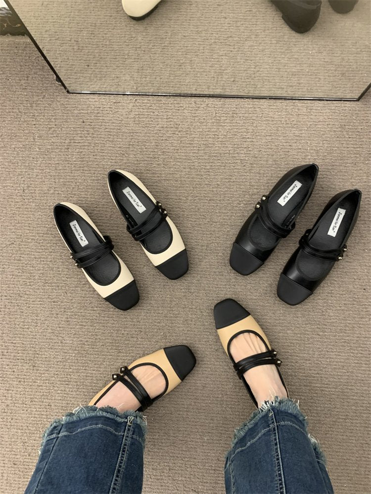 Square head color matching flat women's shoes