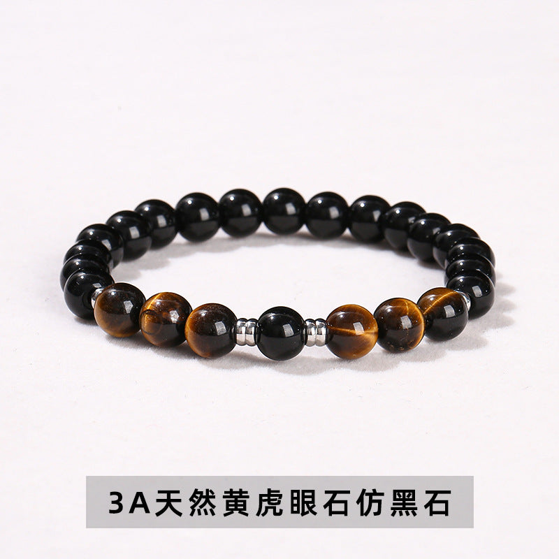 Natural black gallstone sapphire blue tiger's eye stone round bead bracelet.