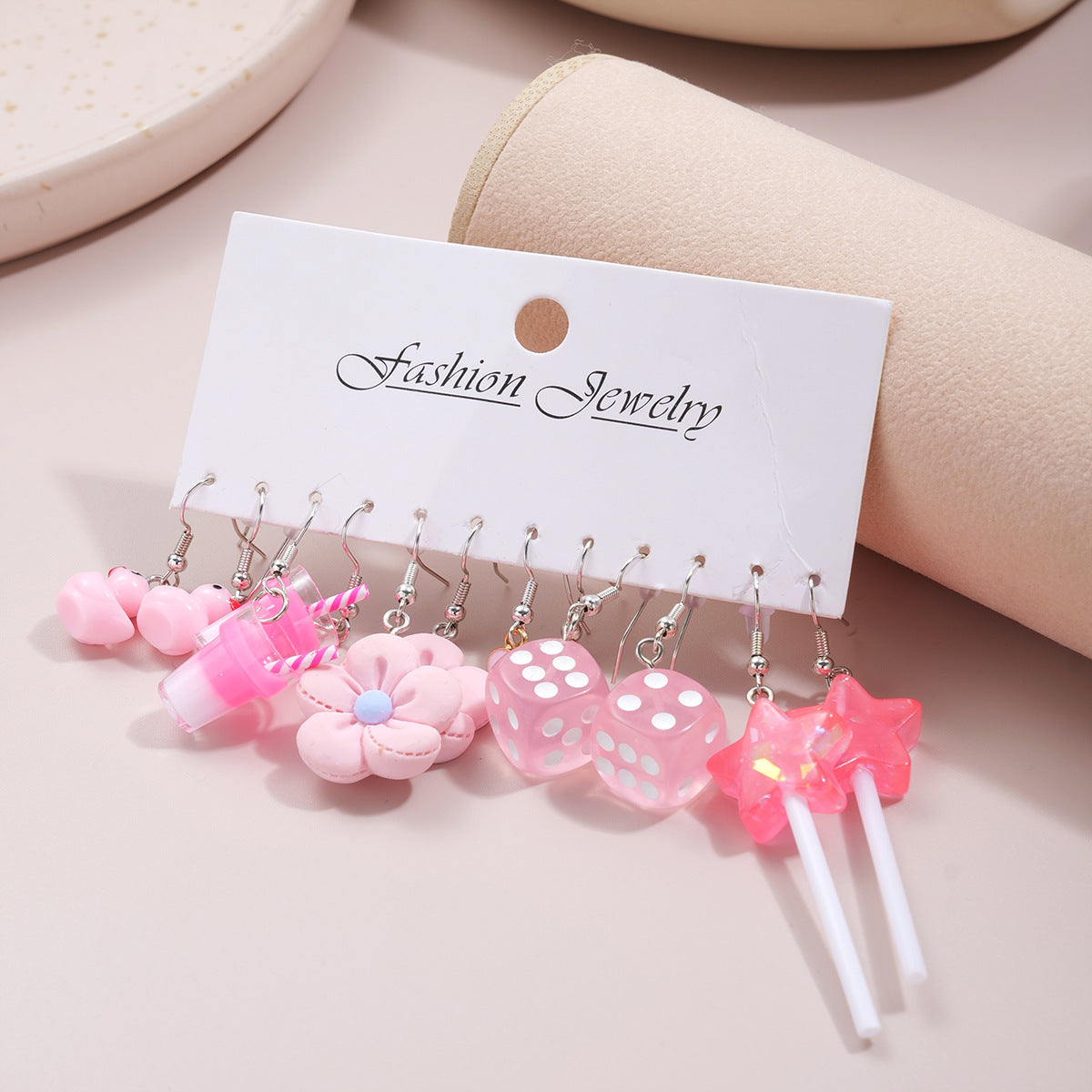 Flower Heart Milk Tea Resin Earrings 6 Pairs