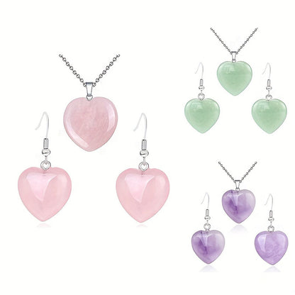 Natural Stone Heart Stainless Steel Necklace Earring Set