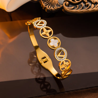 Hollow Clover V-shaped Diamond Bracelet, Fashionable Stainless Steel