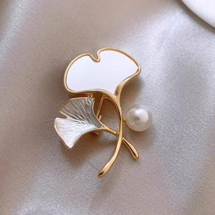 Ginkgo Biloba Pearl Brooch