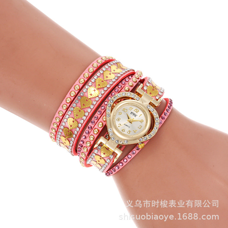 Wrap-Around Diamond-Embedded Bracelet Watch Heart Dial