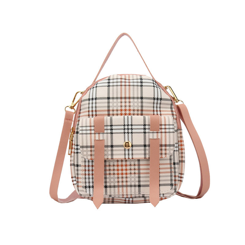 Plaid contrasting color parallel bars front bag portable small backpack