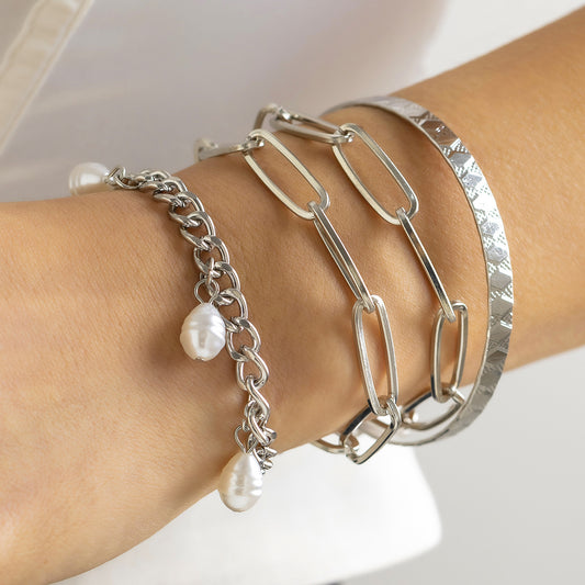 Imitation Pearl Hollow Cross Chain Bracelet