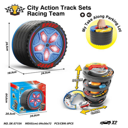 Children's Portable Transforming Tire Track Storage Parking Lot DIY Assembly Spinning Track Toy