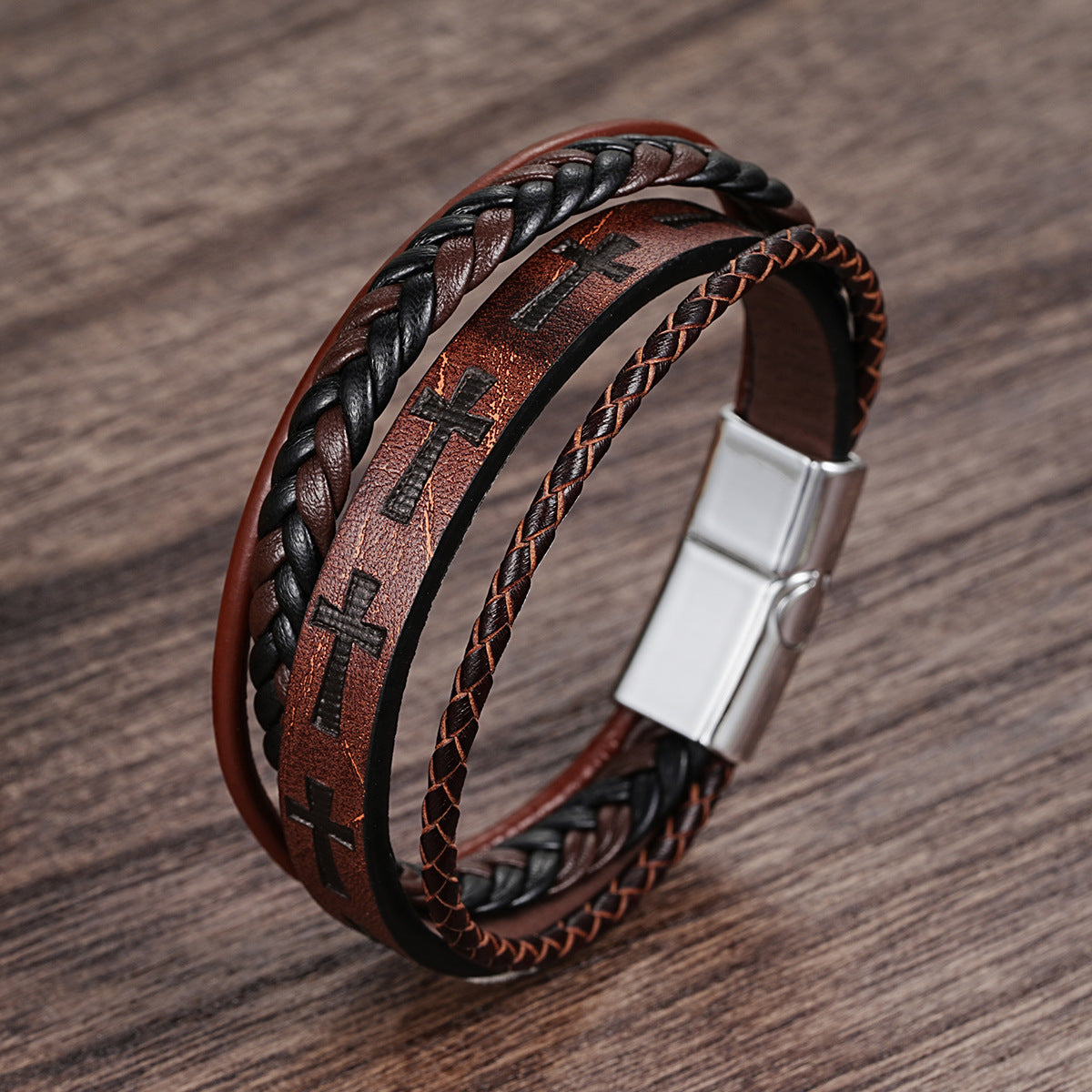 Personalized Magnetic Closure Brown Leather Bracelet for Men