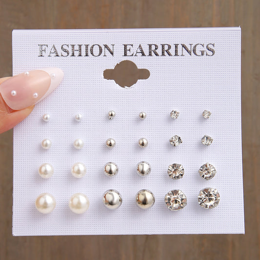 Metal Pearl Zircon Earring Set 12 Pairs