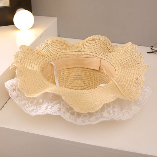 New Family Kids Straw Wide Brim Sun Beach Little Princess Lace