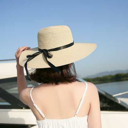 Sombrero de paja para playa, ala ancha, protección UV, plegable, con lazo 