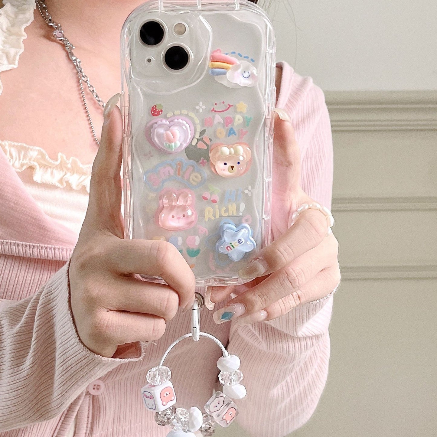 3D Bear Bunny Case iPhone15 Clear IP14 Pro Soft Shell Bell Pendant Chain