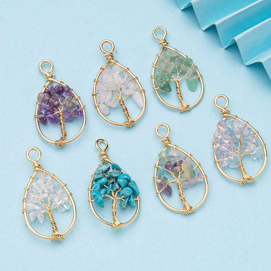 Natural stone crystal fortune tree of life pendant