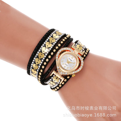 Wrap-Around Diamond-Embedded Bracelet Watch Heart Dial