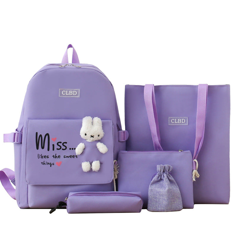 Cute doll patchwork backpack 5-piece set