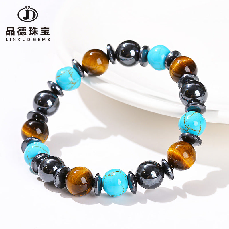 Natural yellow tiger's eye stone, black gallstone and blue pine mixed bracelet.