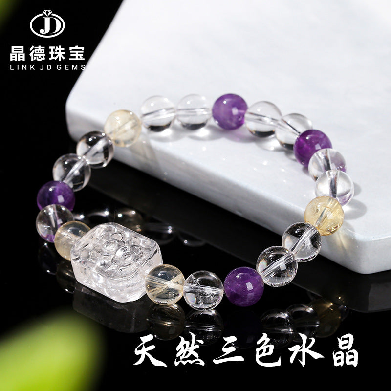 7A Natural White Crystal and Purple Citrine Round Bead Bracelet