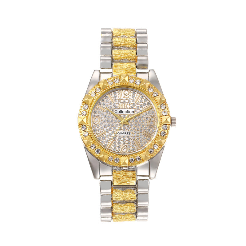 Diamond-Embedded Engraved Quartz Watch Unisex