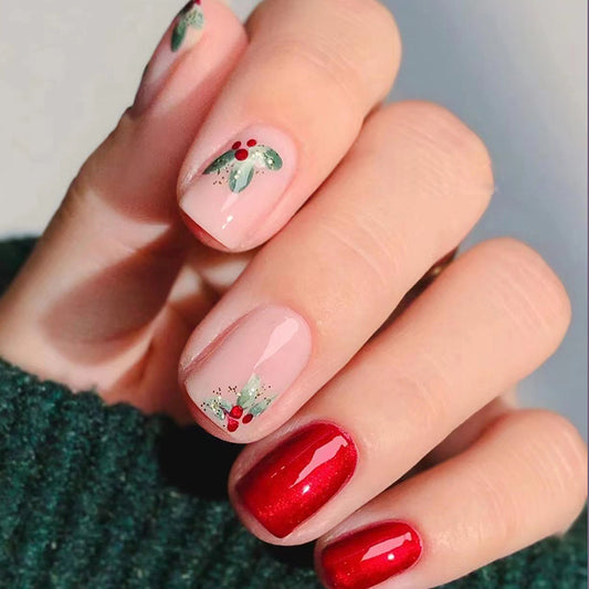 Western Style Red Floral Short Square Fake Nails