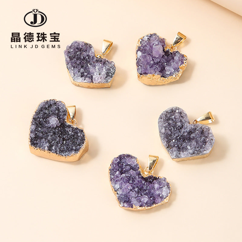 2-3Cm natural purple crystal cluster gold-plated love heart pendant