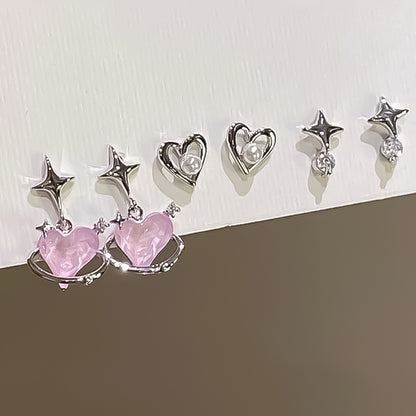 Pink Heart Star Six-piece Earring Set