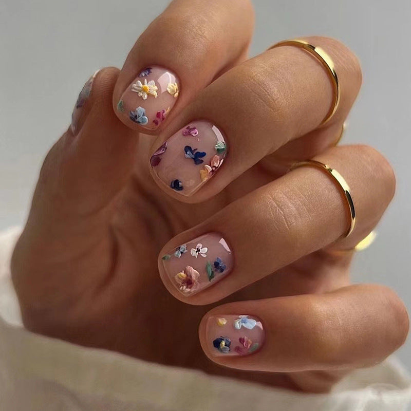 Soft Pink Floral Short Square Fake Nails