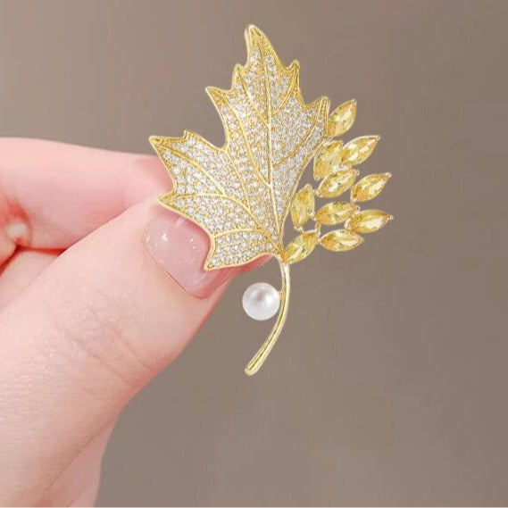 Yellow Crystal Maple Leaf Brooch