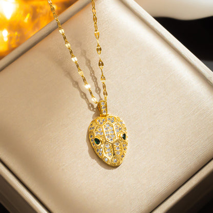 Gold Snake Head Pendant Necklace, Luxurious Copper Inlaid Zircon