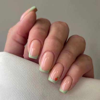 Grass Green French Strawberry Fake Nails