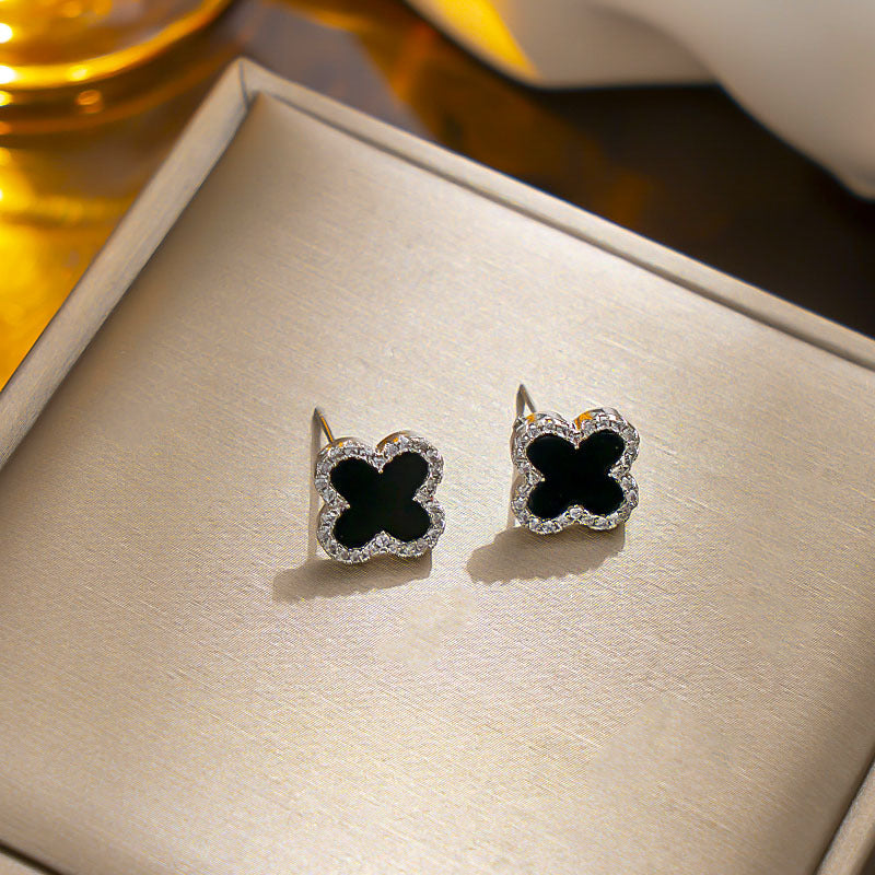 Classic Black Clover Stud Earrings, Hypoallergenic Design