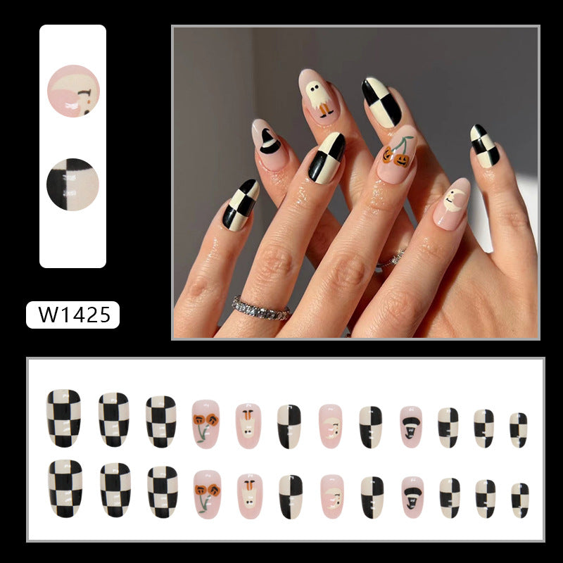 Milk White Checkered Oval Fake Nails