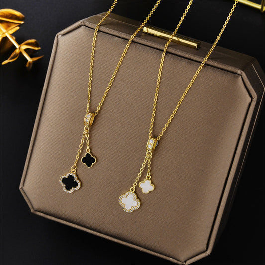 Korean Fashion Clover Pendant Necklace with Micro Inlaid Zircon Tassels