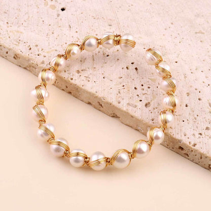 Natural Pearl Copper Wire Braided 18k Real Gold Bracelet