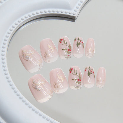 Chinese Style Red Bean Short Ballerina Nails 24 Pieces