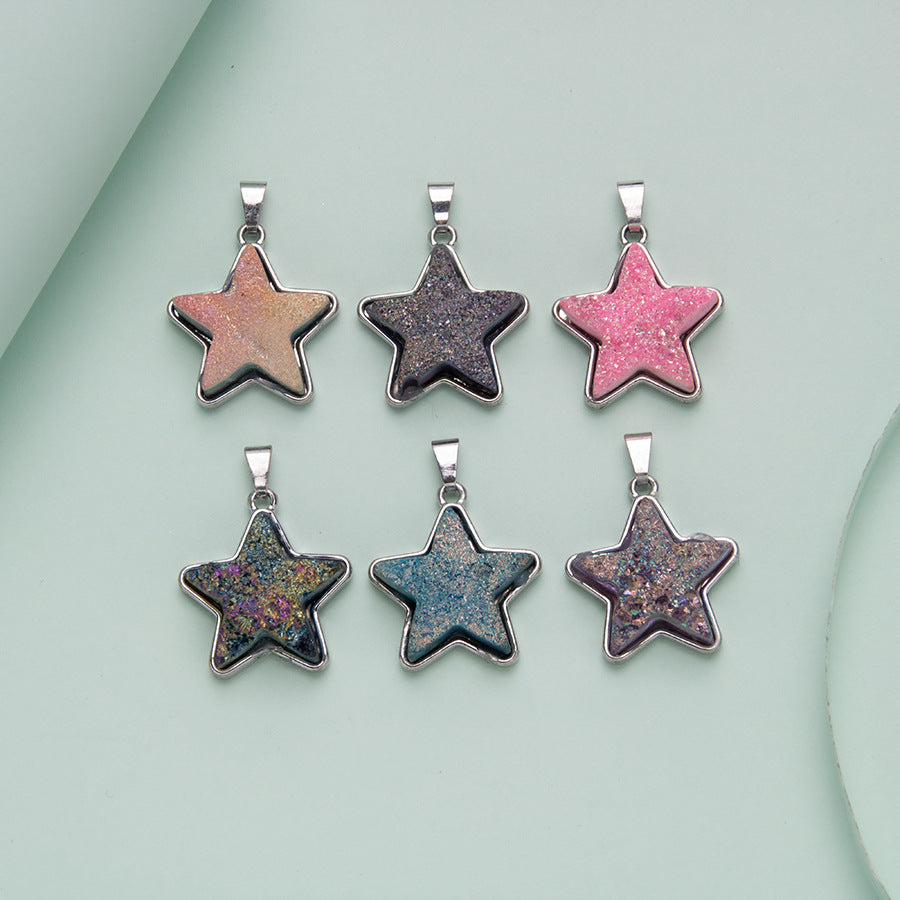 Electroplated Crystal Teeth Colorful Five-pointed Star Stainless Steel Pendant Necklace