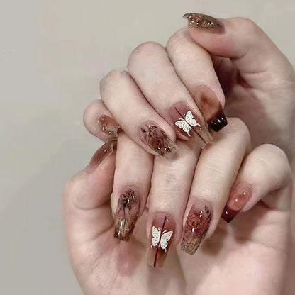 Long Ballet Icy Rose Butterfly Nails