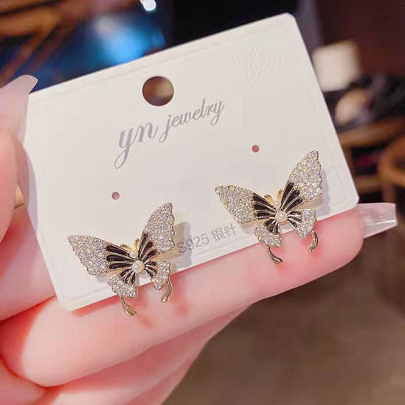 S925 Silver Needle Miniature Zircon Butterfly Earrings