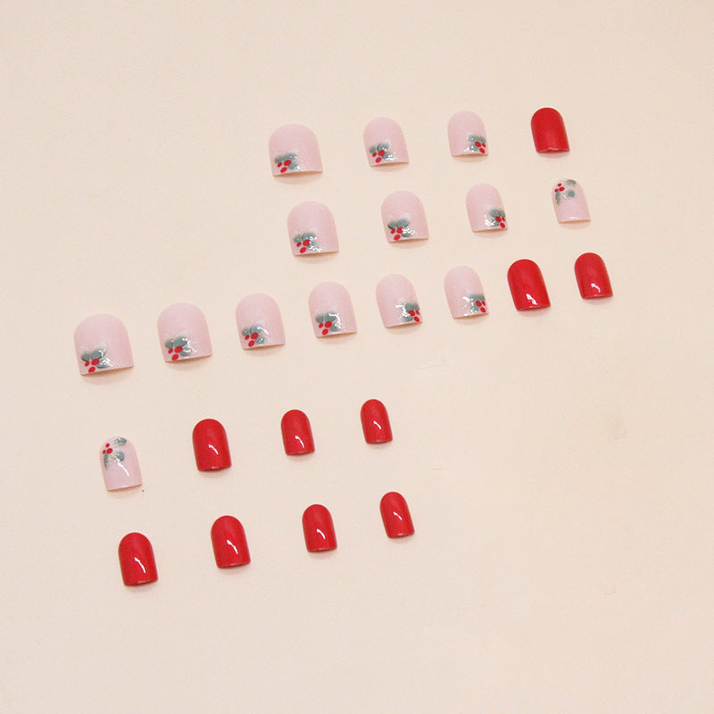 Western Style Red Floral Short Square Fake Nails