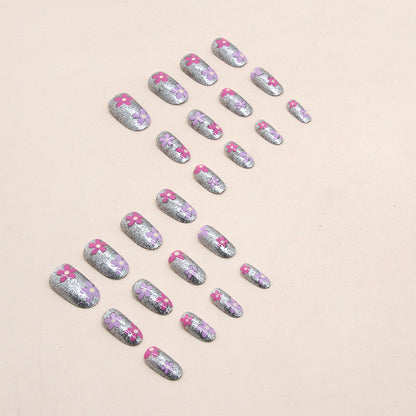 Silver Glitter Dual Flower Pink Purple Nails